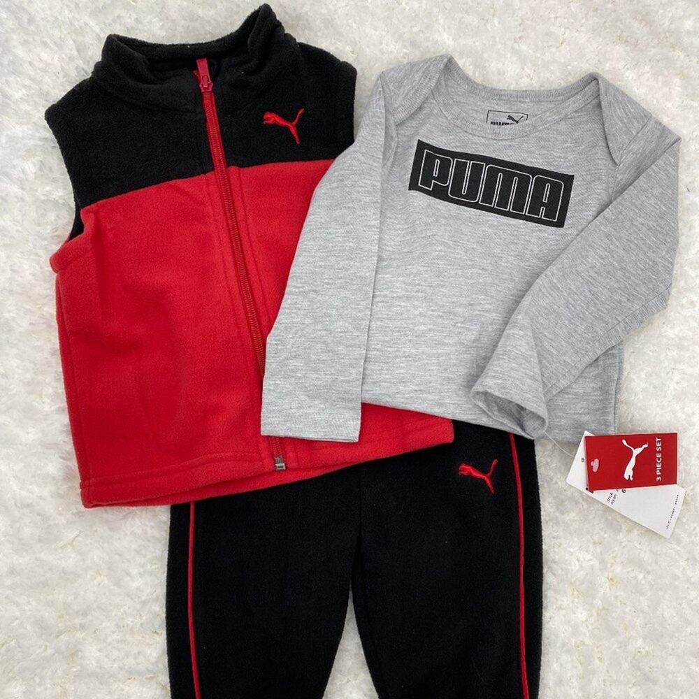 Puma 3 piece set Black Red Fleece Vest Sweatpants Gray Bodysuit NEW 6-9 Months